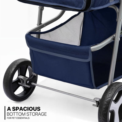 3 Wheels Pet Stroller, Foldable Dog Cat Cage Jogger Stroller with Weather Cover for All-Season, Storage Basket and Cup Holder, Breathable and Visible Mesh for Small/Medium Pets, Blue
