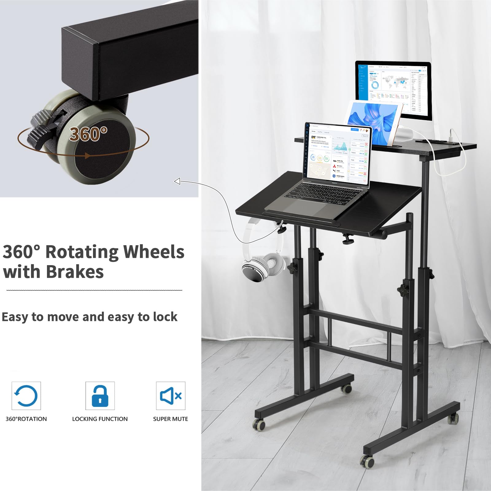 Mobile Standing Desk with Charging Station, Adjustable Standing Computer Desk, Standing Adjustable Laptop Cart with Wheels for Home Office Classroom Black