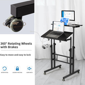 Mobile Standing Desk with Charging Station, Adjustable Standing Computer Desk, Standing Adjustable Laptop Cart with Wheels for Home Office Classroom Black