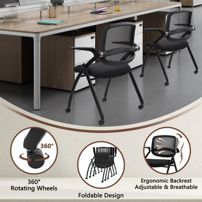 4PACK, Stackable & Foldable Chairs with Flip Up Armrests, Reception Guest Chairs with Wheels, Ergonomic Curved Mesh Back Folding Chair for Office Meeting Schools Conference Waiting Room