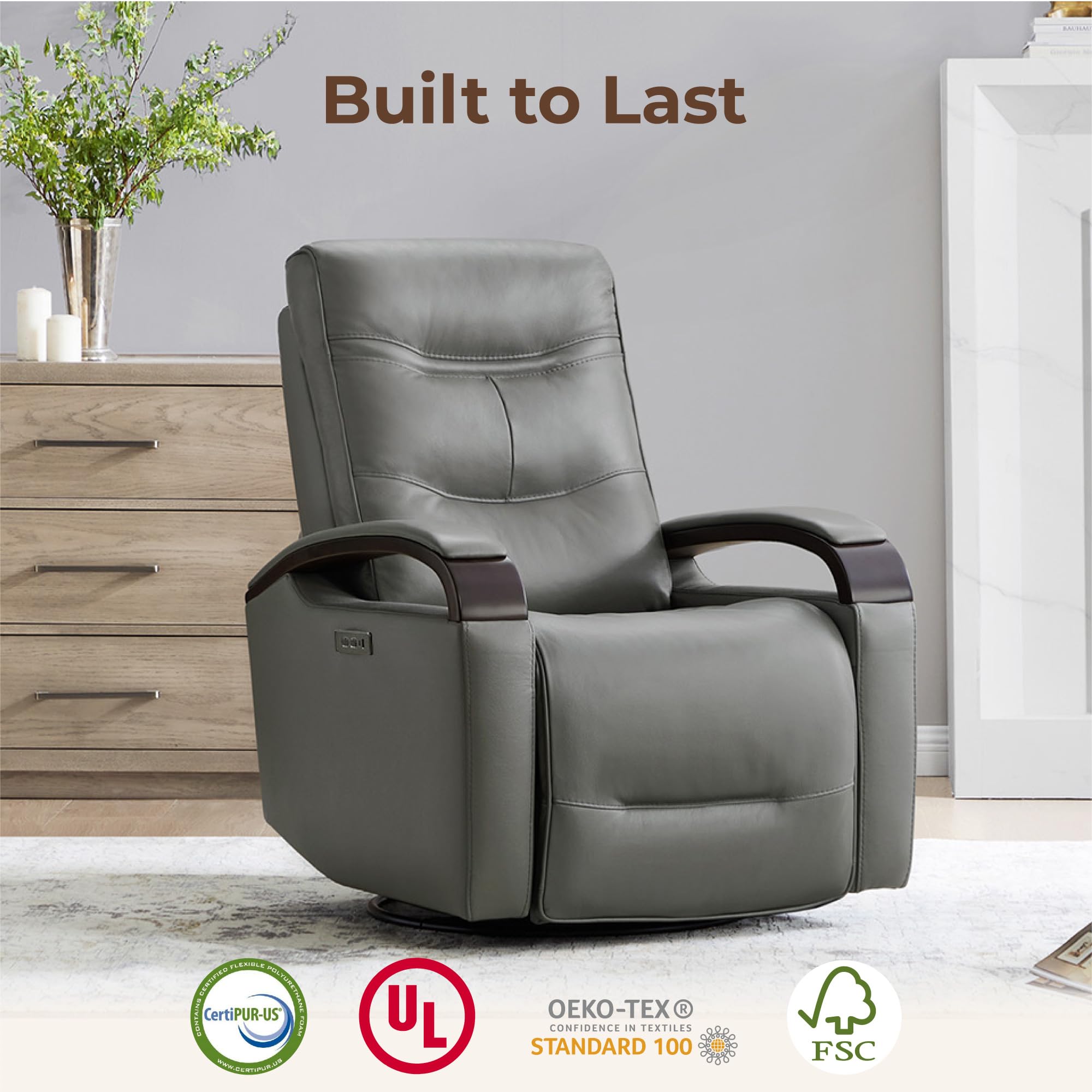 Genuine Leather Power Swivel Glider Rocker Recliner, FSC Certified Mid Century Modern Recliner Chair for Adults, Adjustable Power Headrest, for Nursery and Living Room, Haze