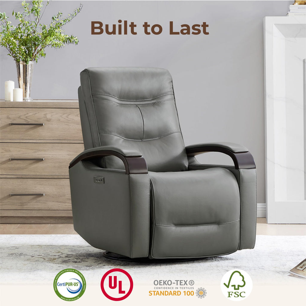 Genuine Leather Power Swivel Glider Rocker Recliner, FSC Certified Mid Century Modern Recliner Chair for Adults, Adjustable Power Headrest, for Nursery and Living Room, Haze