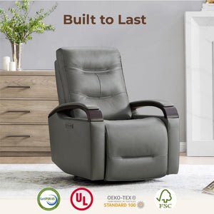 Genuine Leather Power Swivel Glider Rocker Recliner, FSC Certified Mid Century Modern Recliner Chair for Adults, Adjustable Power Headrest, for Nursery and Living Room, Haze