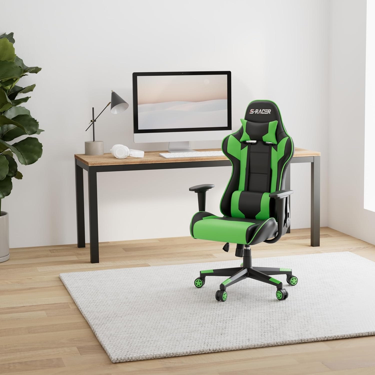 Gaming Chair, Office Chair High Back Computer Chair Leather Desk Chair Racing Executive Ergonomic Adjustable Swivel Task Chair with Headrest and Lumbar Support (Green)
