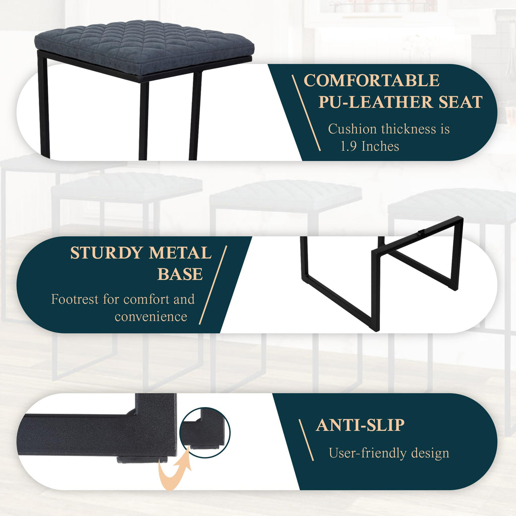 Counter Height Bar Stools, Modern Industrial Backless Counter Stools for Kitchen Island, Dining Counter & Home Bar, Faux Leather Upholstered Seats with Metal Frame, Set of 2, Blue