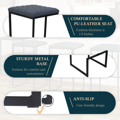 Counter Height Bar Stools, Modern Industrial Backless Counter Stools for Kitchen Island, Dining Counter & Home Bar, Faux Leather Upholstered Seats with Metal Frame, Set of 2, Blue