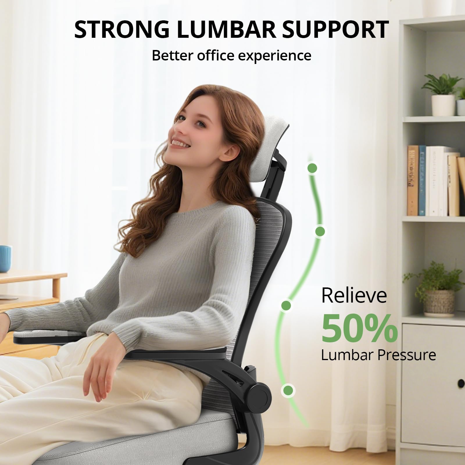 Office Chair Ergonomic Desk Chair, 330LBS Capacity, High Back Computer Design for Long Hours Comfort, Rolling Swivel Executive Task for Home Office with Flip-up Armrests, Black Grey
