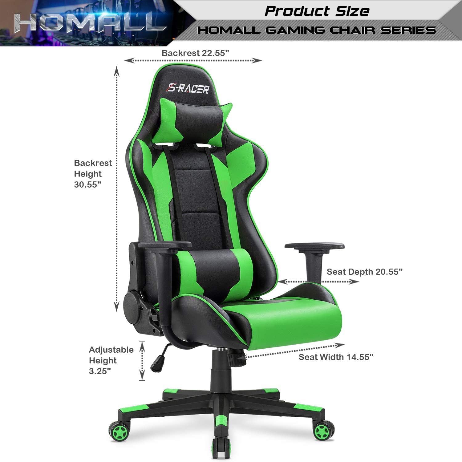 Gaming Chair, Office Chair High Back Computer Chair Leather Desk Chair Racing Executive Ergonomic Adjustable Swivel Task Chair with Headrest and Lumbar Support (Green)