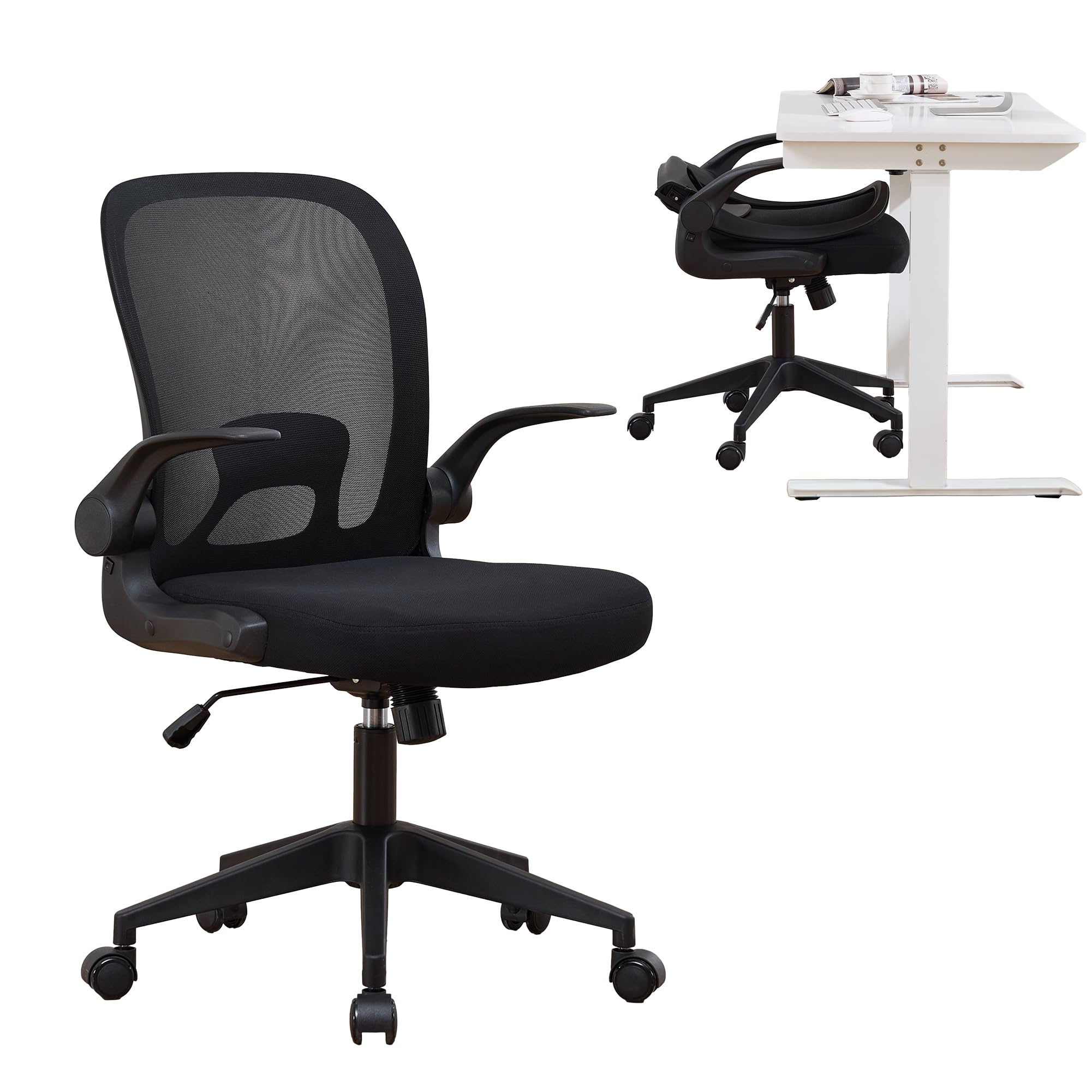 Foldable Office Chair for Small Spaces | Home Office Folding Desk Chairs with Wheels and Flip Up Arms | Ergonomic Mesh Computer Chair for Adults & Kids Black