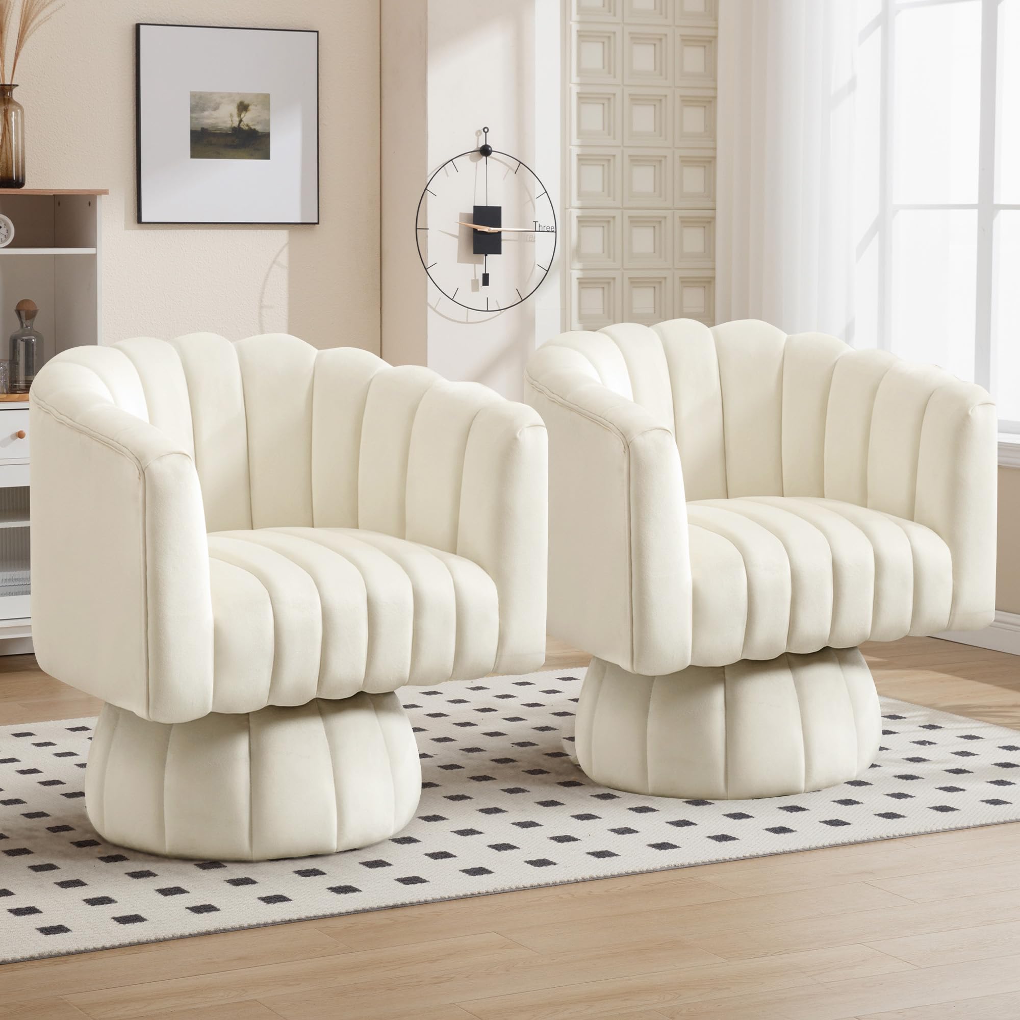 Swivel Accent Barrel Chair - Cute Comfy Small Round 360° Arm Chair Velvet Sofa Club Reading Chair for Living Room Bedroom Office Beige