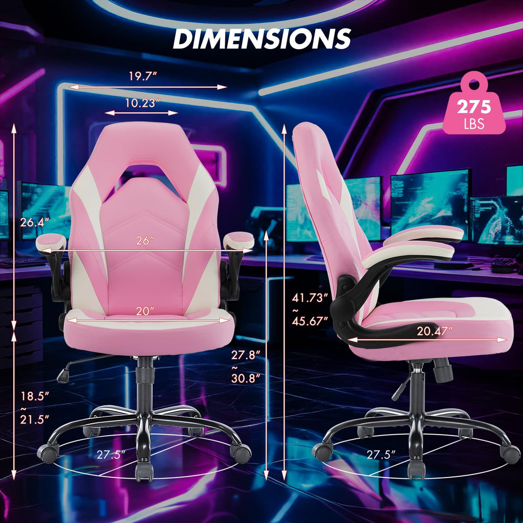 Computer Video Game Desk Chair - Ergonomic Comfy Lumbar Support, PU Leather with Flip-up Armrest, Height Adjustable and 360° Swivel, for Adults, Pink