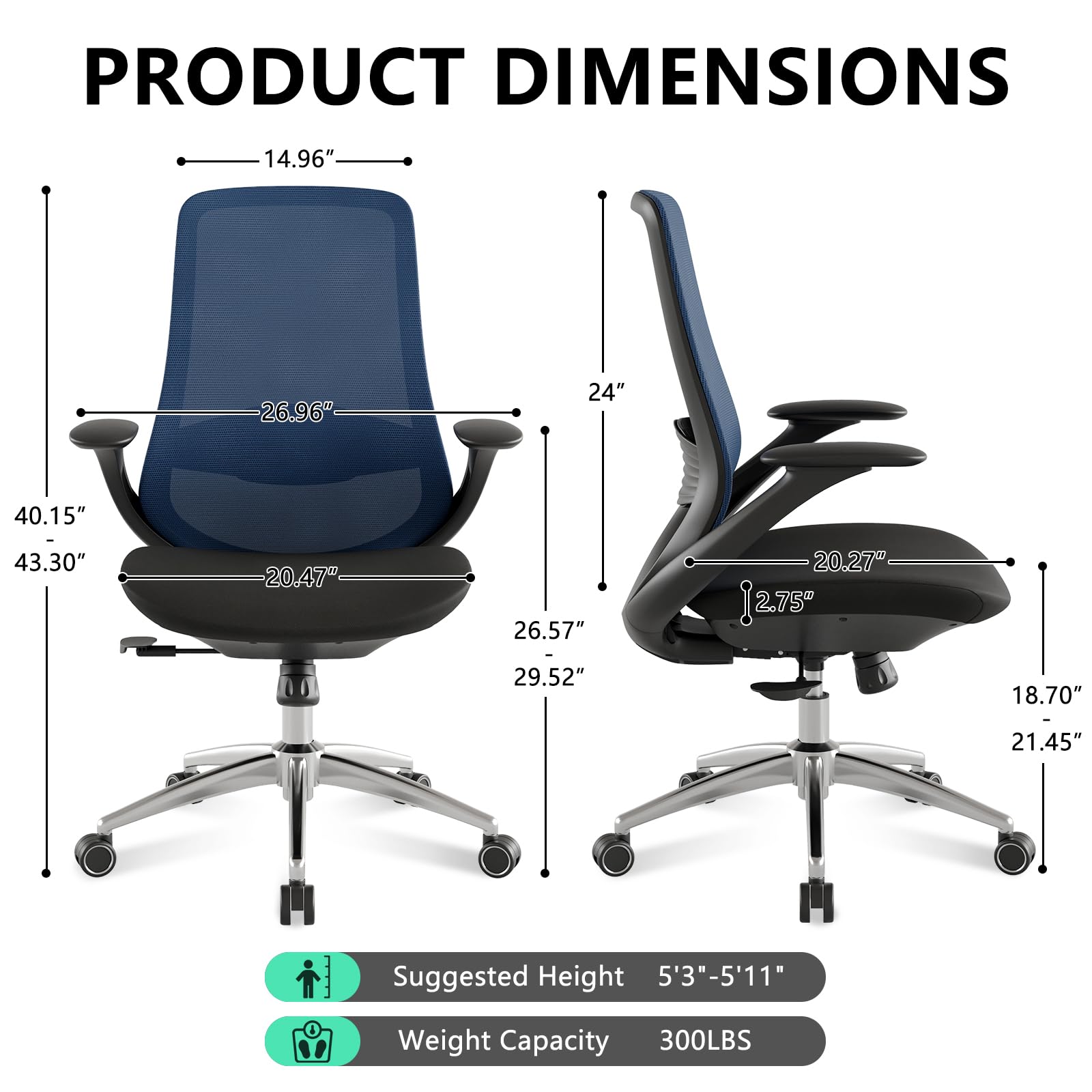 Ergonomic Office Chair, High Back Mesh Desk Chair with Lumbar Support, 360° Swivel & Slide-Adjustable Arms, Tilt Lock and Recline, Breathable Task Chair for Home Office & Gaming (Blue)