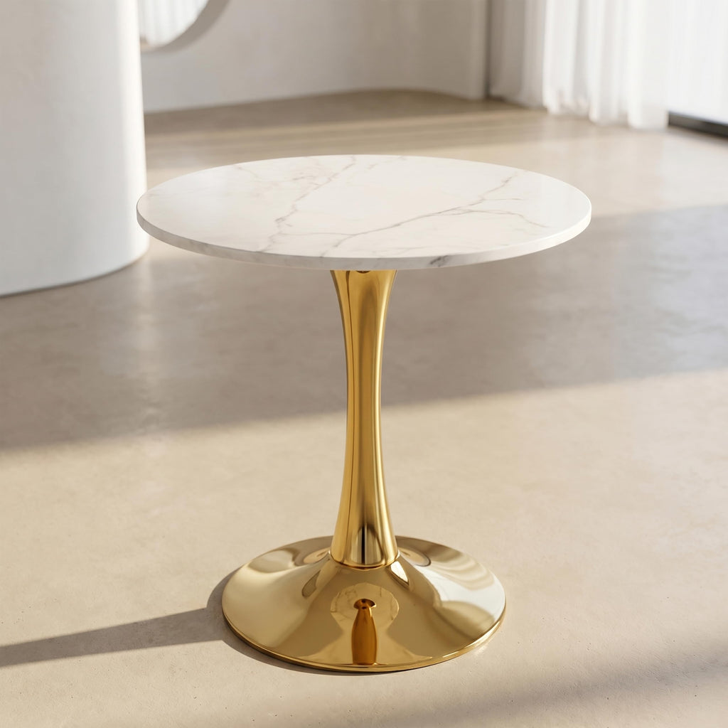 27.6" Marble Round Tulip Table, Mid-Century Modern Style Dining Table with Gold Pedestal Base for 2-4 People, Featuring A Marble Tabletop for Kitchen, Dining Room, Cafe (White)