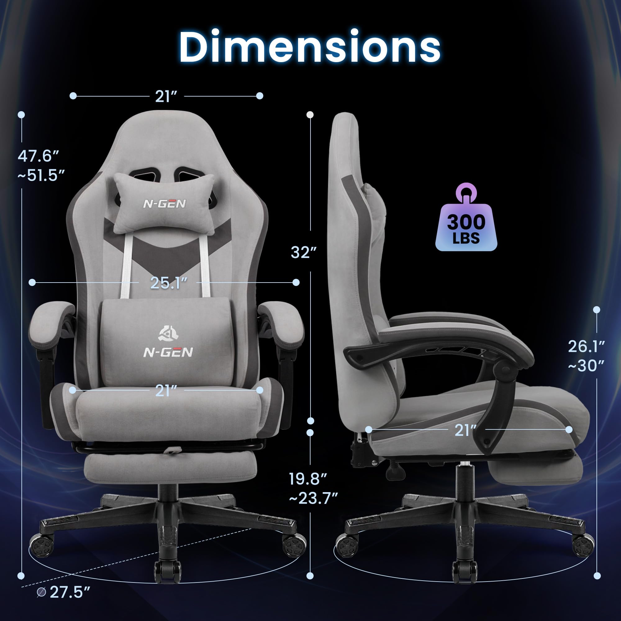 Video Gaming Chair with Footrest Lumbar Support for Home Office High Back Recliner Height Adjustable Ergonomic Comfy Fabric Computer Desk Chair (Grey)