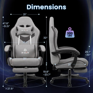 Video Gaming Chair with Footrest Lumbar Support for Home Office High Back Recliner Height Adjustable Ergonomic Comfy Fabric Computer Desk Chair (Grey)