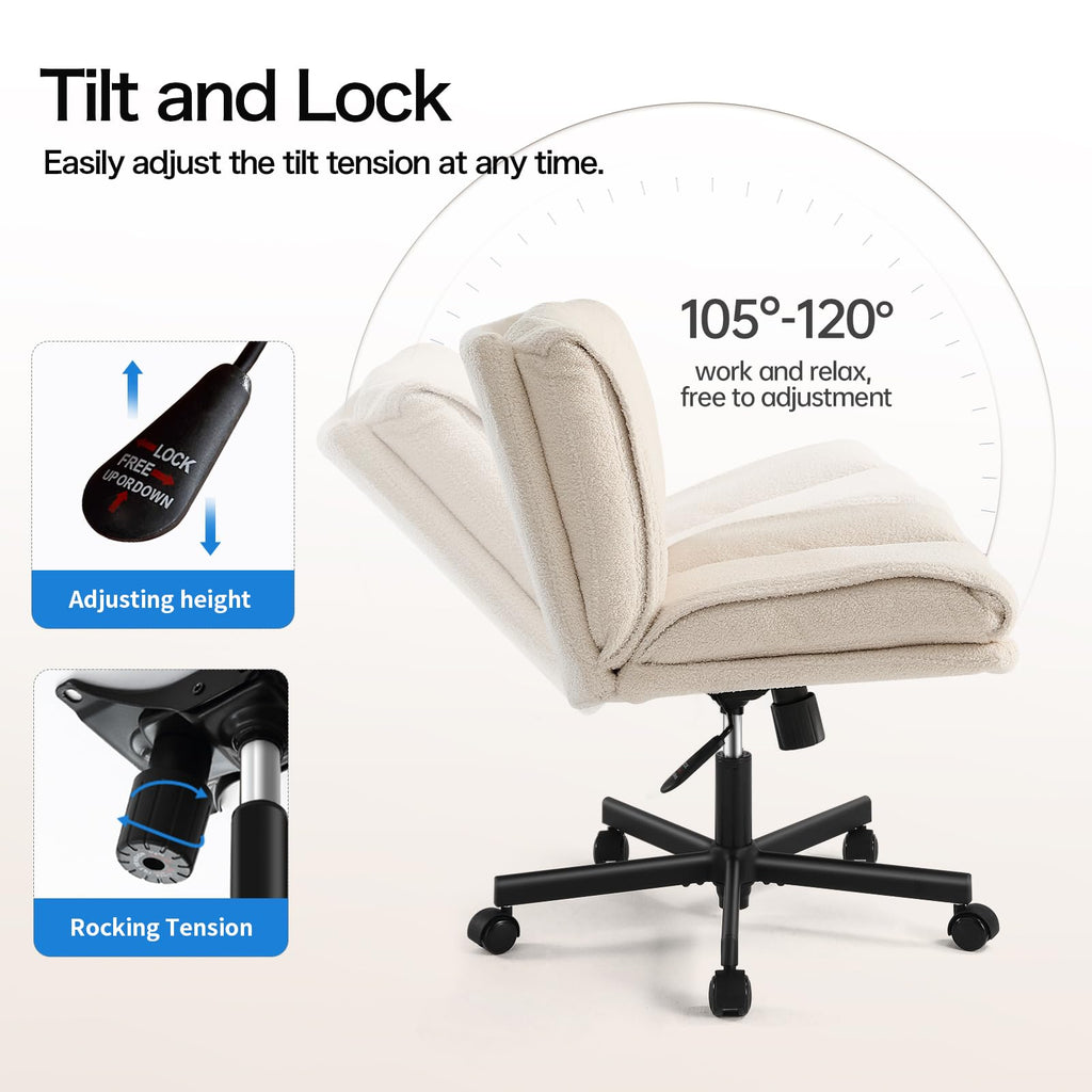 Criss Cross Chair with Wheels, Armless Makeup Chair with Wide Furry Seat, Height-Adjustable Vanity Chair, Convertible Between Fixed & Swivel Casters Office Chair Cross-Legged Chair - Cream
