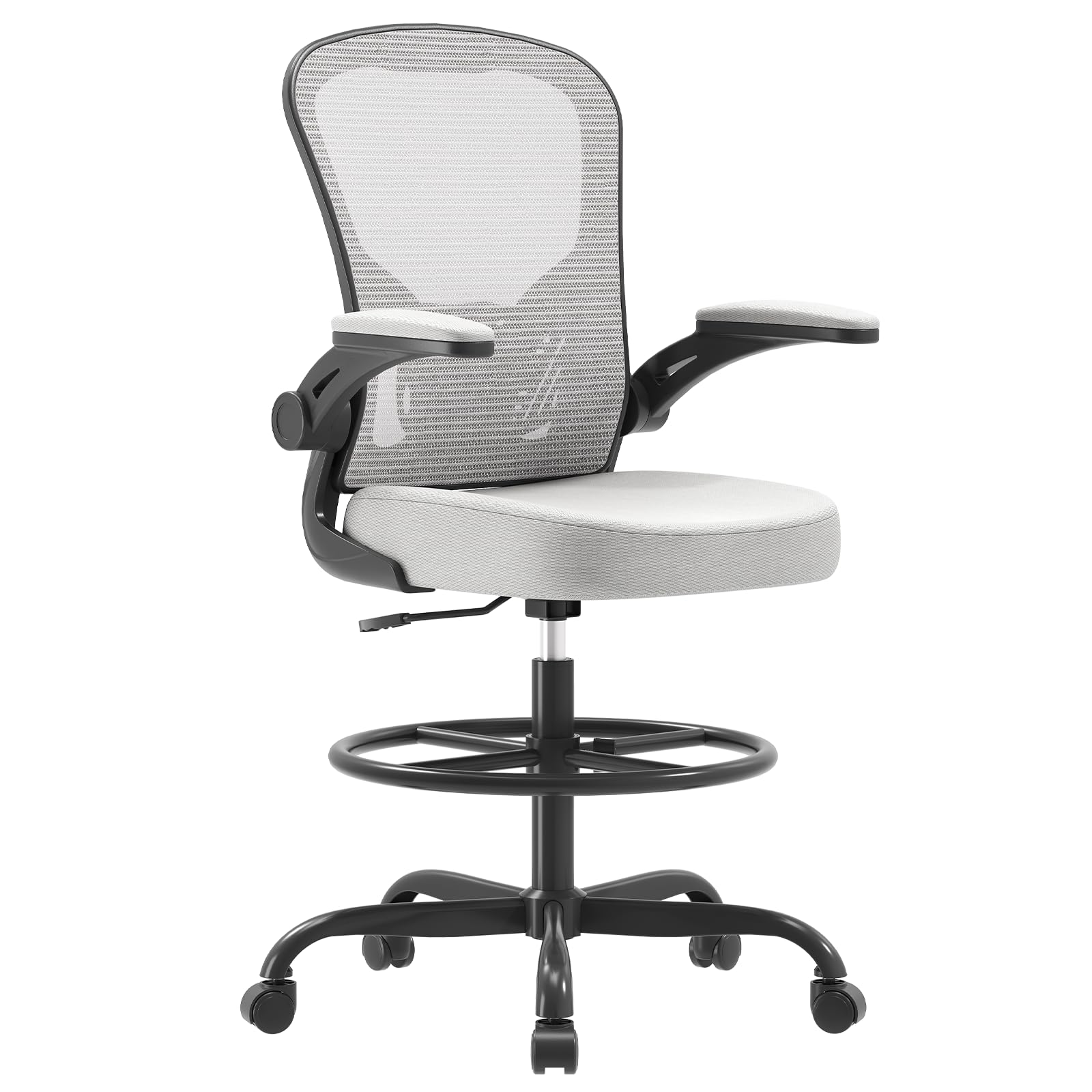 Ergonomic Drafting Chair, Tall Office Chair with Flip-up Armrests, Breathable Mesh High Desk Chair with Lumbar Support Adjustable Footrest Ring for Standing Desk Gray