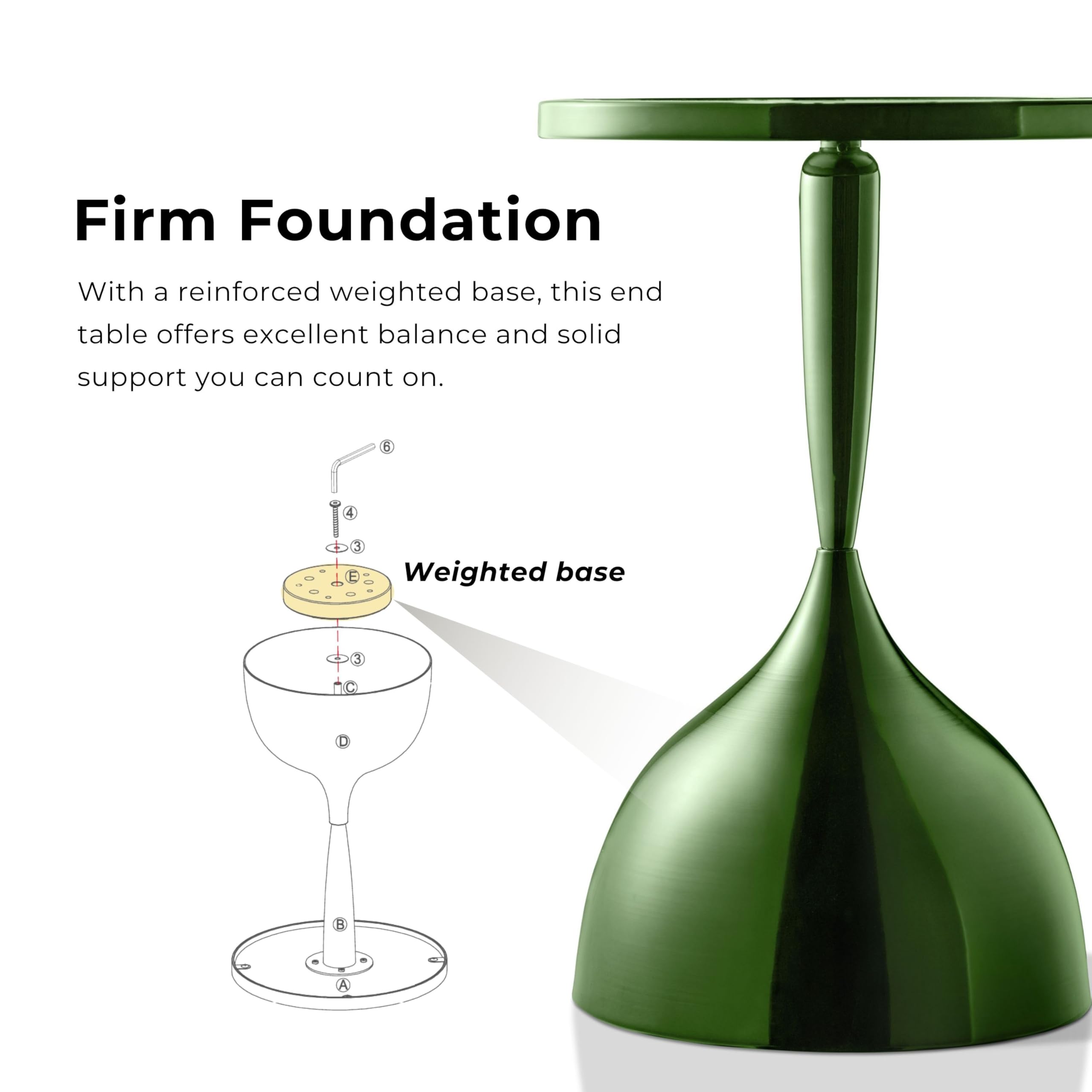 Modern 24" Tall Round End Table with Decorated Tabletop and Iron Metal Base, Accent Furniture, Elegant Pedestal Stand for Living Room, Home Office, Chrome Green