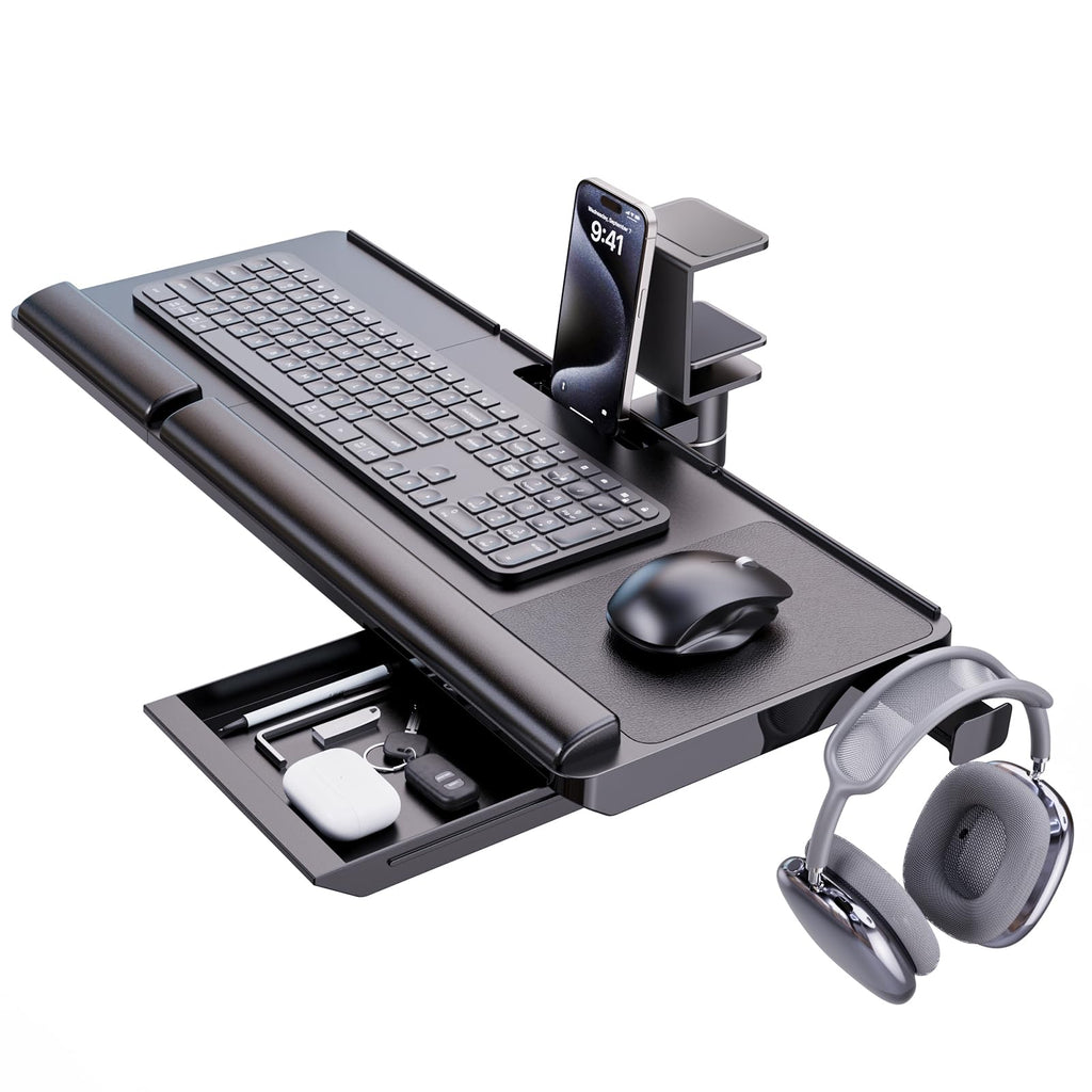 Keyboard Tray Under Desk with 360° Rotation, Ergonomic Computer Keyboard & Mouse Tray 25"W×11.02"D Sit Stand Desk Keyboard Holder w/Wrist Rest & Storage Drawer (Height is not Adjustable)