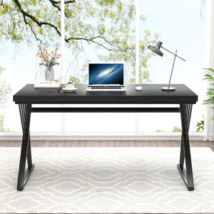 Black Desk, Modern Wood and Metal Computer Desk for Home Office, Simple Writing Work PC Desks for Bedroom, Industrial Study Gaming Table for Living Room, Black, 53 Inch