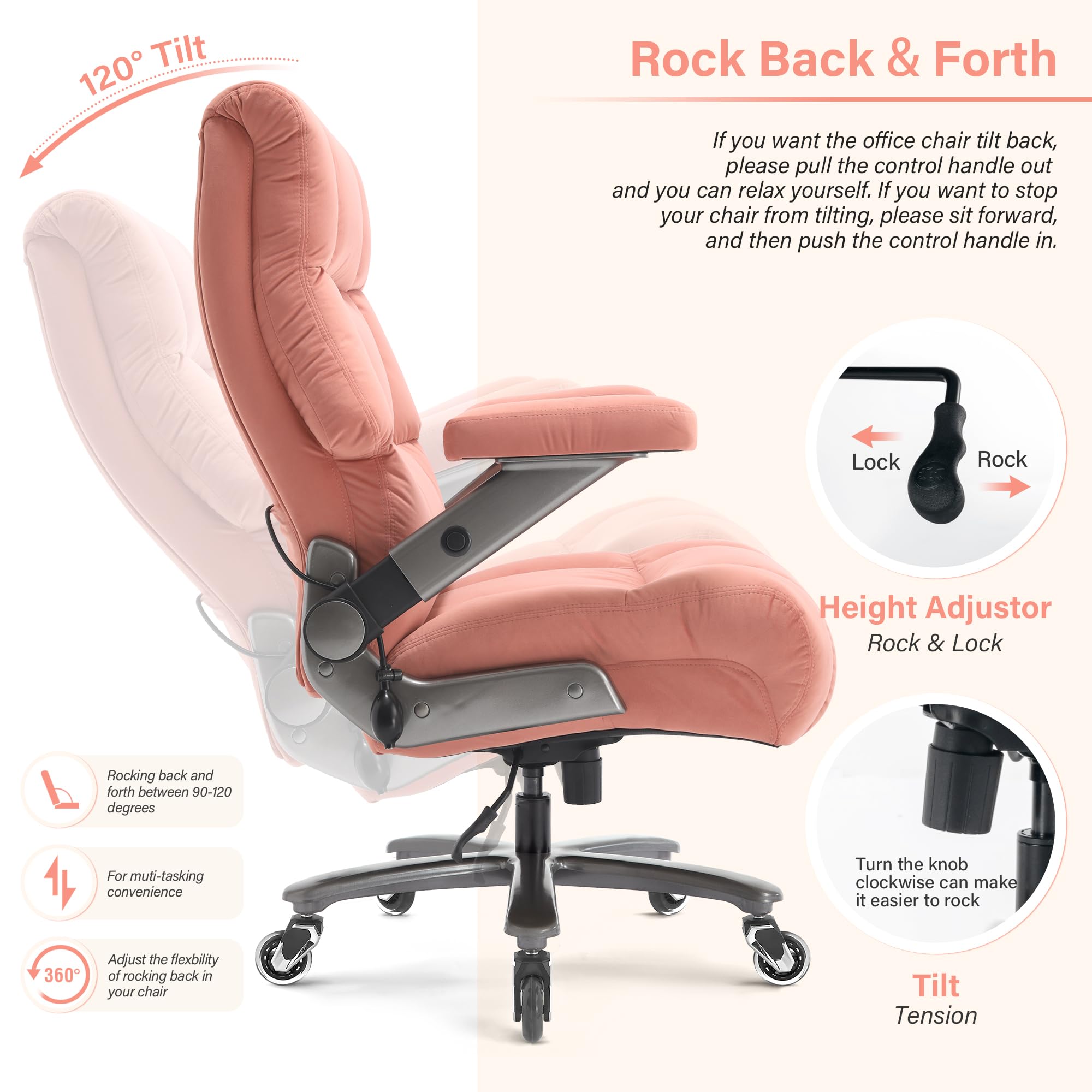 Big and Tall Office Chair 700lbs- Executive Desk Chair with Adjustable Lumbar Support 3D Flip UP Arms- Heavy Duty Quiet Wheels Metal Base Ergonomic Computer Chairs, Pink