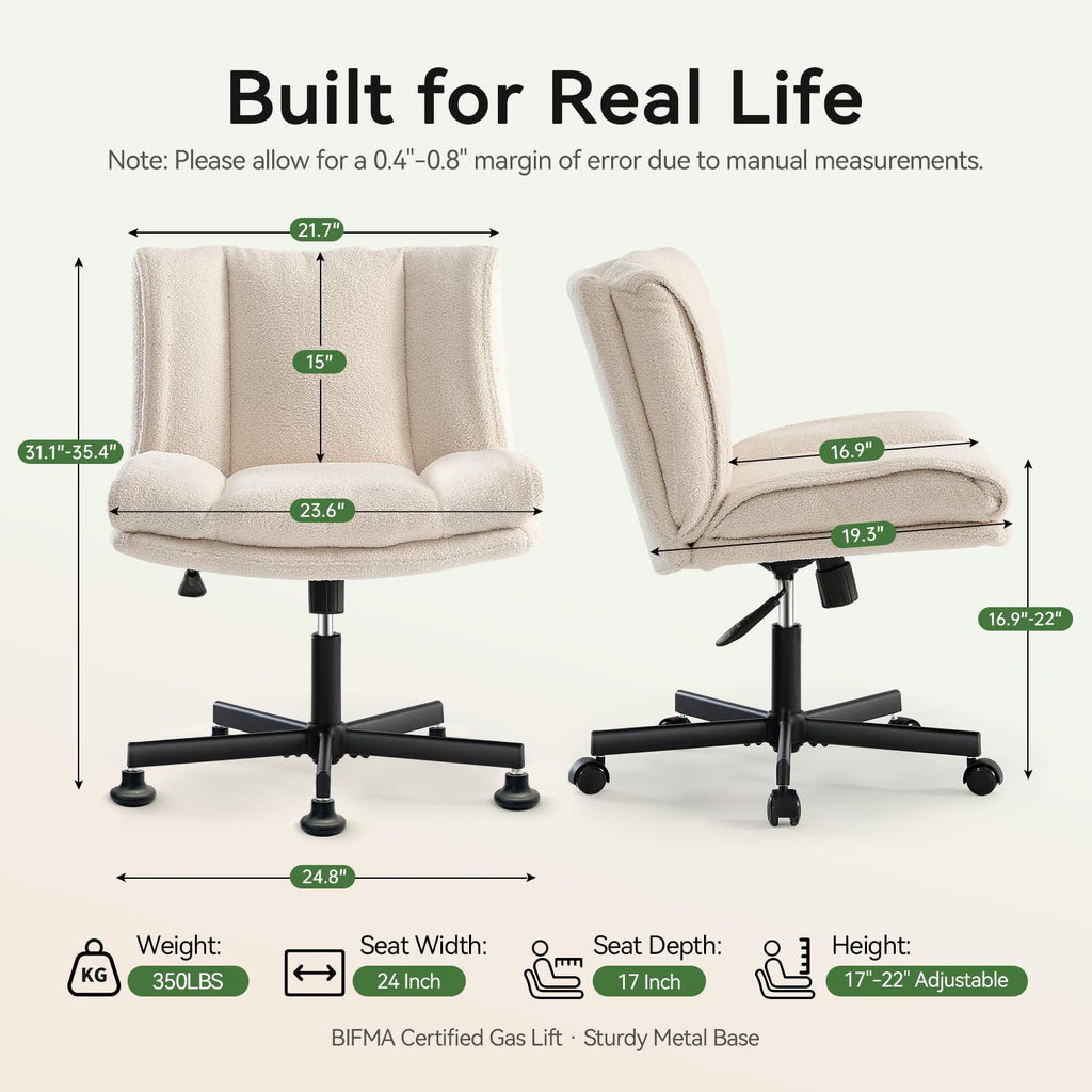 Wide Criss Cross Vanity Chair of 2 Set, 23.6" Large Seat Armless Dressing Table Chair with Fixed Feet, Furry Makeup Stool, Swivel Chair Extra Seating for Living Room & Home Gathering - Cream