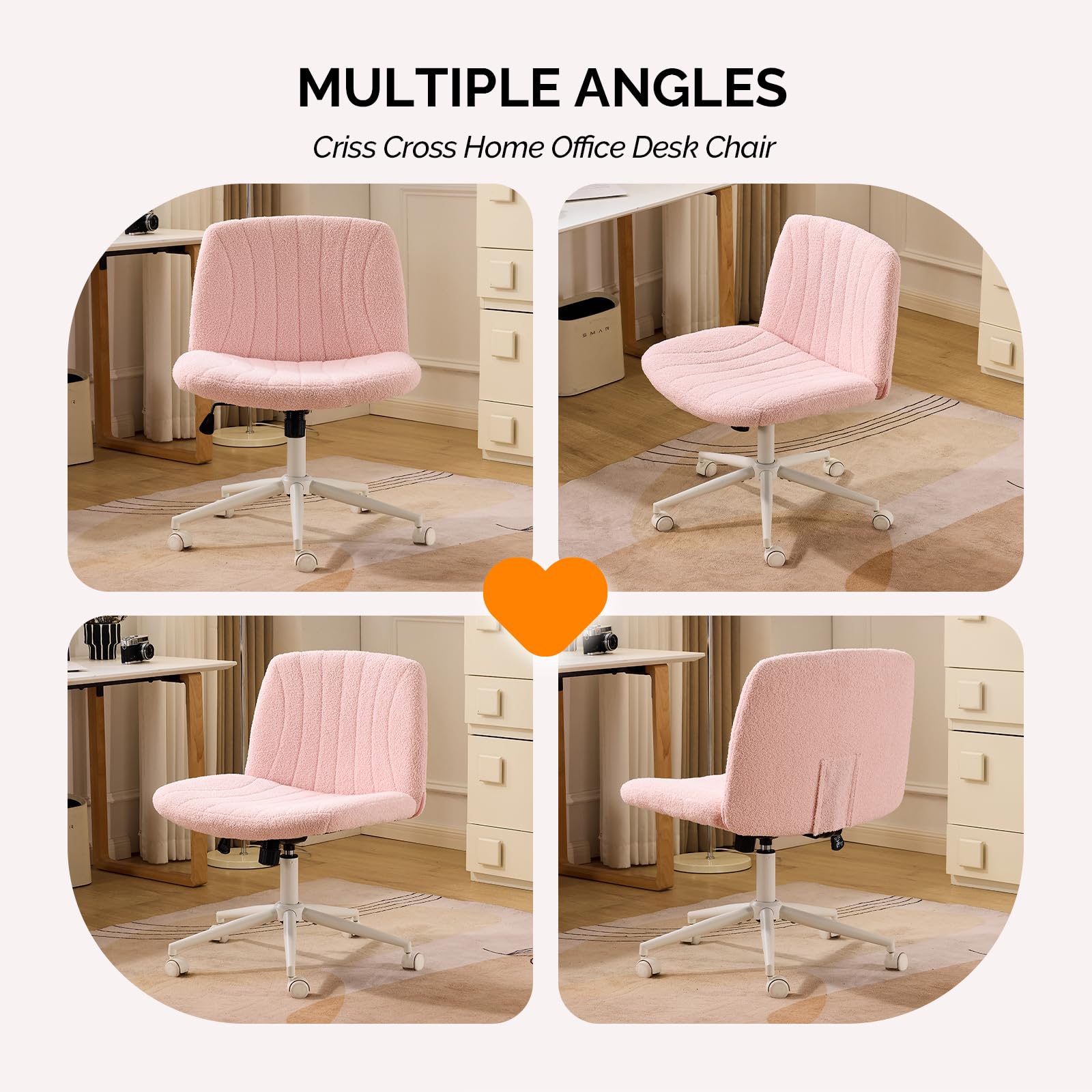 Criss Cross Legged Chair,Wide Comfy Office Desk Chair,Dual-Use with/no Wheels Computer Task Chair,Swivel Armless Vanity Boucle Chair for Study,Make Up,Home Office,Teddy Fleece,Pink