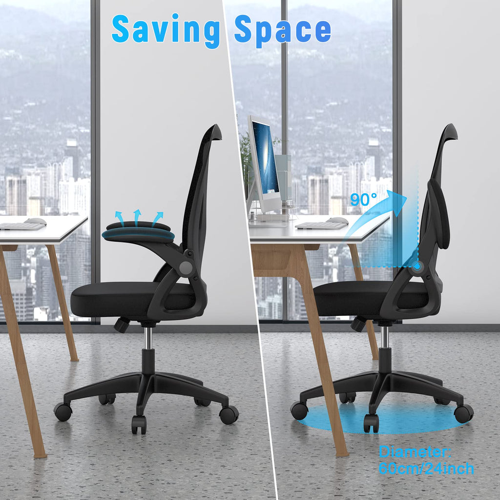 Ergonomic Office Chair, Mid Back Desk Chairs with Adjustable Height, Swivel Chair with Flip-Up Arms and Lumbar Support, Breathable Mesh Computer Chair for Home/Study/Working, Dark Black