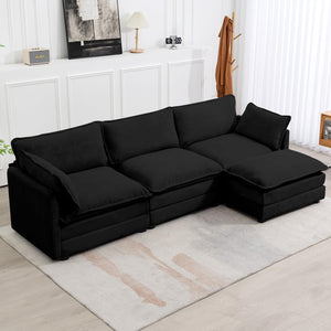 112'' Sectional Modular Cloud Couch, Oversized L Shaped 3 Seat Sofa with Movable Ottomans, 2 Throw Pillows, Upholstered Corduroy L Shape Comfy Deep Couches for Living Room and Office, Black