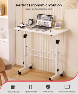 Standing Desk Adjustable Height, Mobile Stand Up Desk with Wheels Small Computer Desk Rolling Desk, Portable Laptop Desk White Standing Table Home Office Desks 16