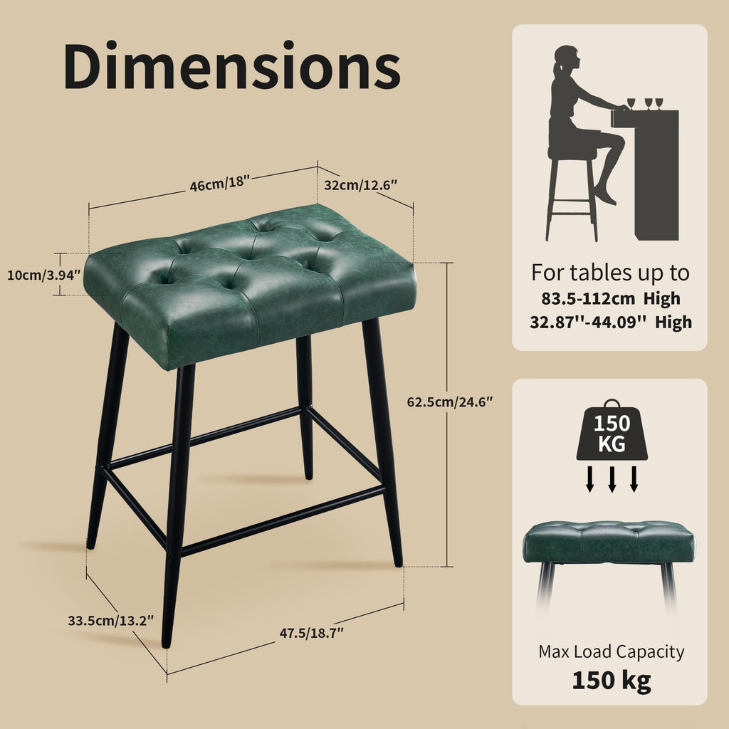 Bar Stools Set of 2, 24 Inch Counter Height Bar Stool for Kitchen Island, Modern Bar Hight Stools with Sturdy Metal Base and Thickened Saddle Cushion, 330Lbs, Green