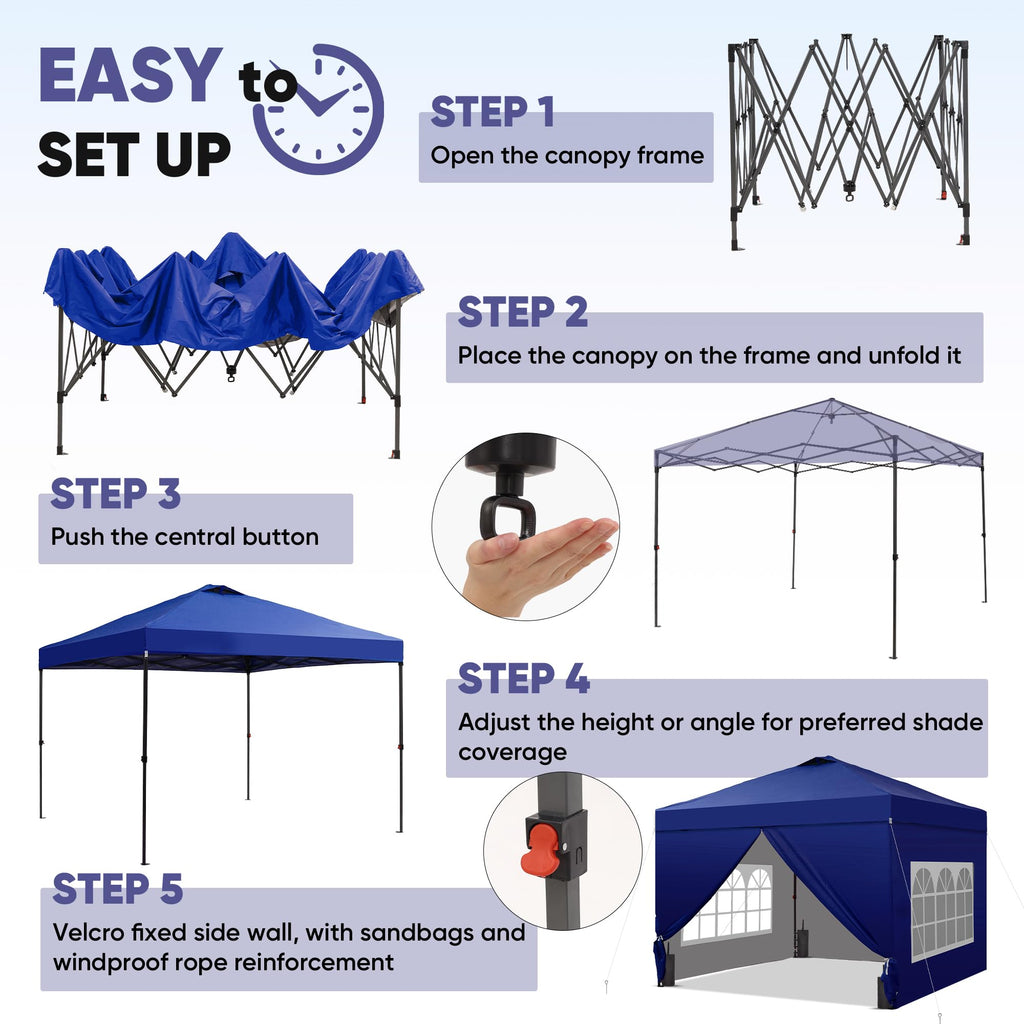 12x12 Pop Up Canopy Tent with 4 Sidewalls, Easy Set up with One Push Lift Gazebo with Wheel Bag and4 Sandbags,Carpas for Events, Parties,Camping, Navy Blue.