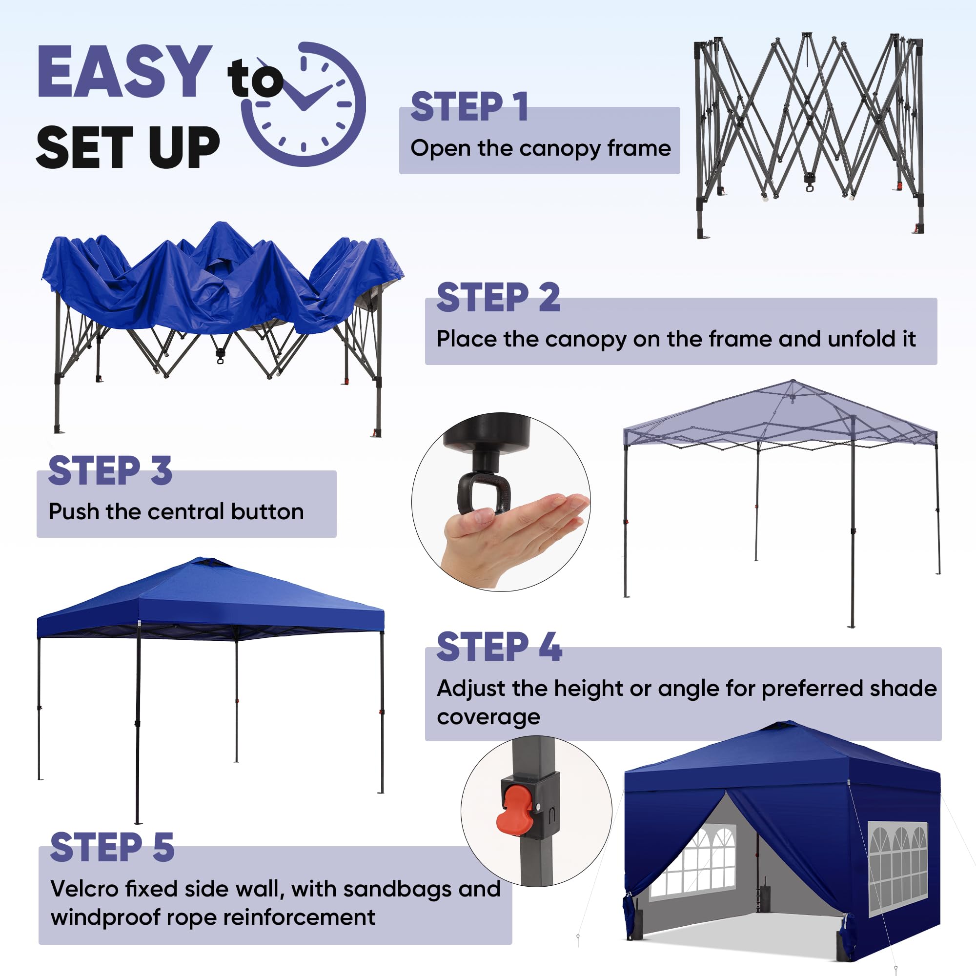 12x12 Pop Up Canopy Tent with 4 Sidewalls, Easy Set up with One Push Lift Gazebo with Wheel Bag and4 Sandbags,Carpas for Events, Parties,Camping, Navy Blue.