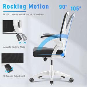 Ergonomic Office Chair, Mid-Back Computer Chair with Adjustable Height, Flip-Up Arms and Lumbar Support, Breathable Bright White Mesh Desk Chair for Home Study Working