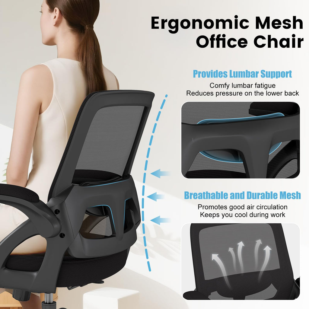 Big and Tall Office Chair, Ergonomic Desk Chair Mesh Mid Back with Comfy Lumbar Support Swivel Task Executive Chairs with Wheels, Flip up Arms for Home, Office, Study