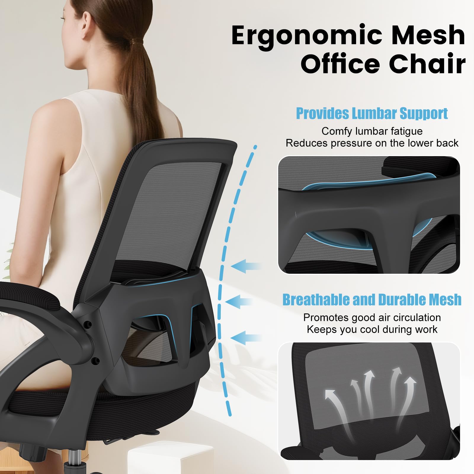 Big and Tall Office Chair, Ergonomic Desk Chair Mesh Mid Back with Comfy Lumbar Support Swivel Task Executive Chairs with Wheels, Flip up Arms for Home, Office, Study