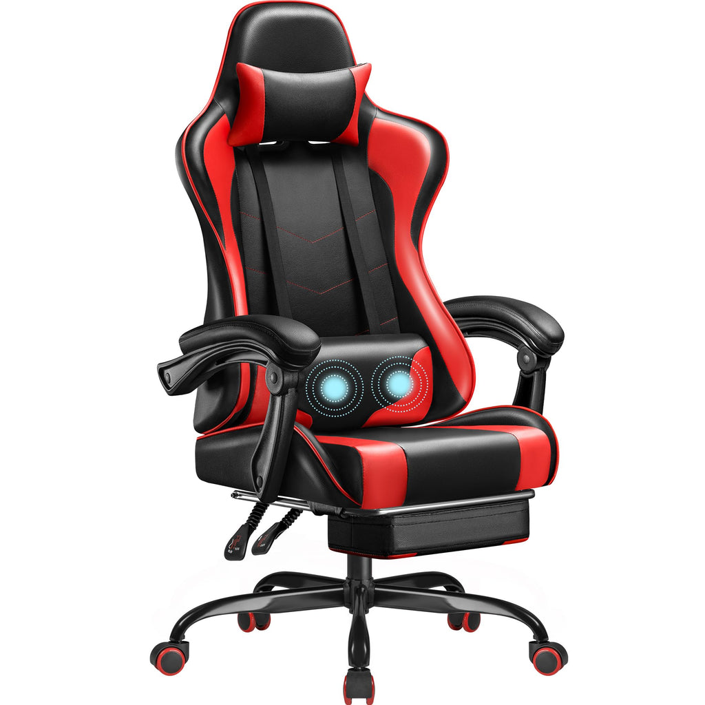 Gaming Chair, Video Game Chair with Footrest and Massage Lumbar Support, Ergonomic Computer Chair Height Adjustable with Swivel Seat and Headrest (Red)
