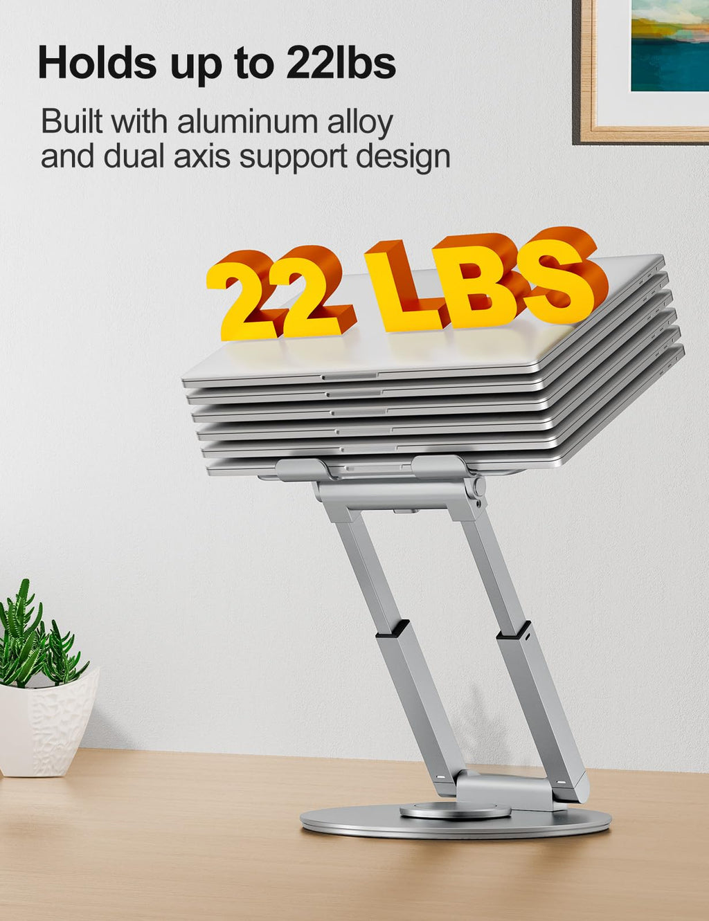 Laptop Stand for Desk with 360° Swivel Base, Sit to Stand, Height Adjustable, Portable Riser Holder for Good Posture, Compatible with All Laptops 10-17"-Silver