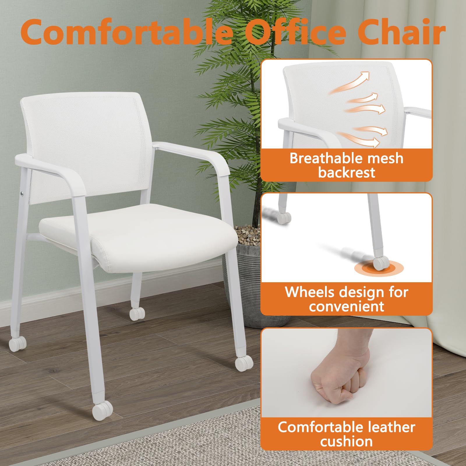 Set of 4, White, Stacking Office Chairs with Wheels | Mesh Back, Thicken Leather Seat and Streamline Armrests, Ergonomic Lumber Support | School, Desk, Guest Reception, Waiting, Conference |