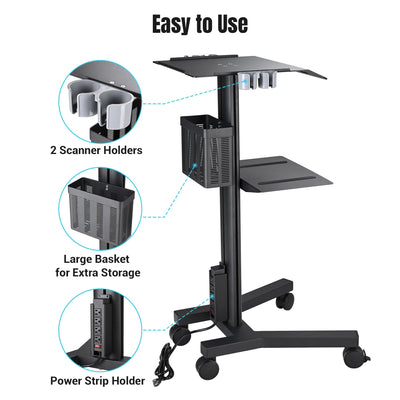 Mobile Laptop Cart Medical Rolling PC Stand Computer Workstation on Wheels with Handle 220 Lbs Capacity CPU Printer Power Strip Holder for Lap School Office Salon Spa Dental