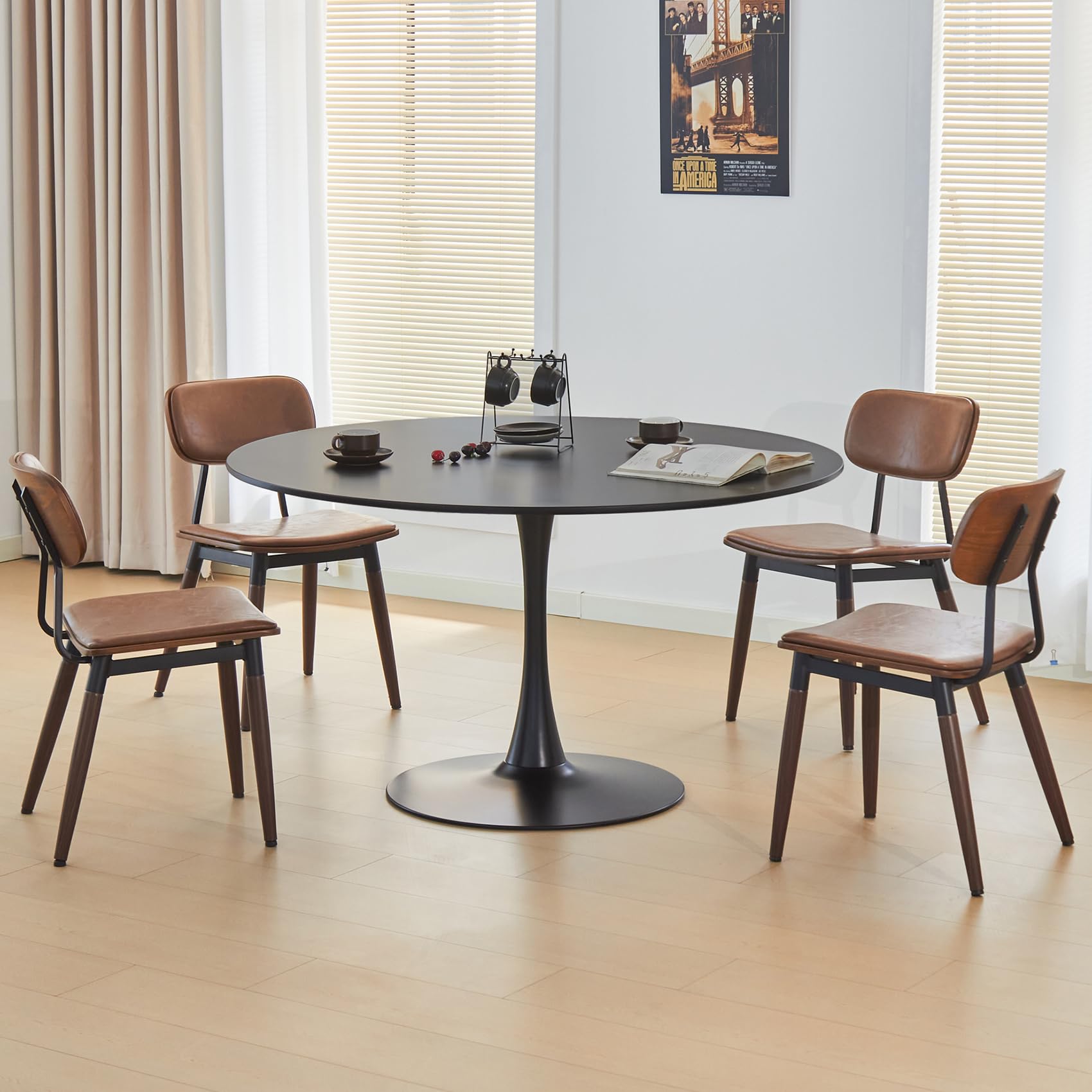 43.5" Tulip Table, Round Dining Table with Thickened Tabletop & Metal Pedestal, Mid Century Modern Bistro Circle Table for Kitchen, Small Places, Living Room, Cafe (Black)