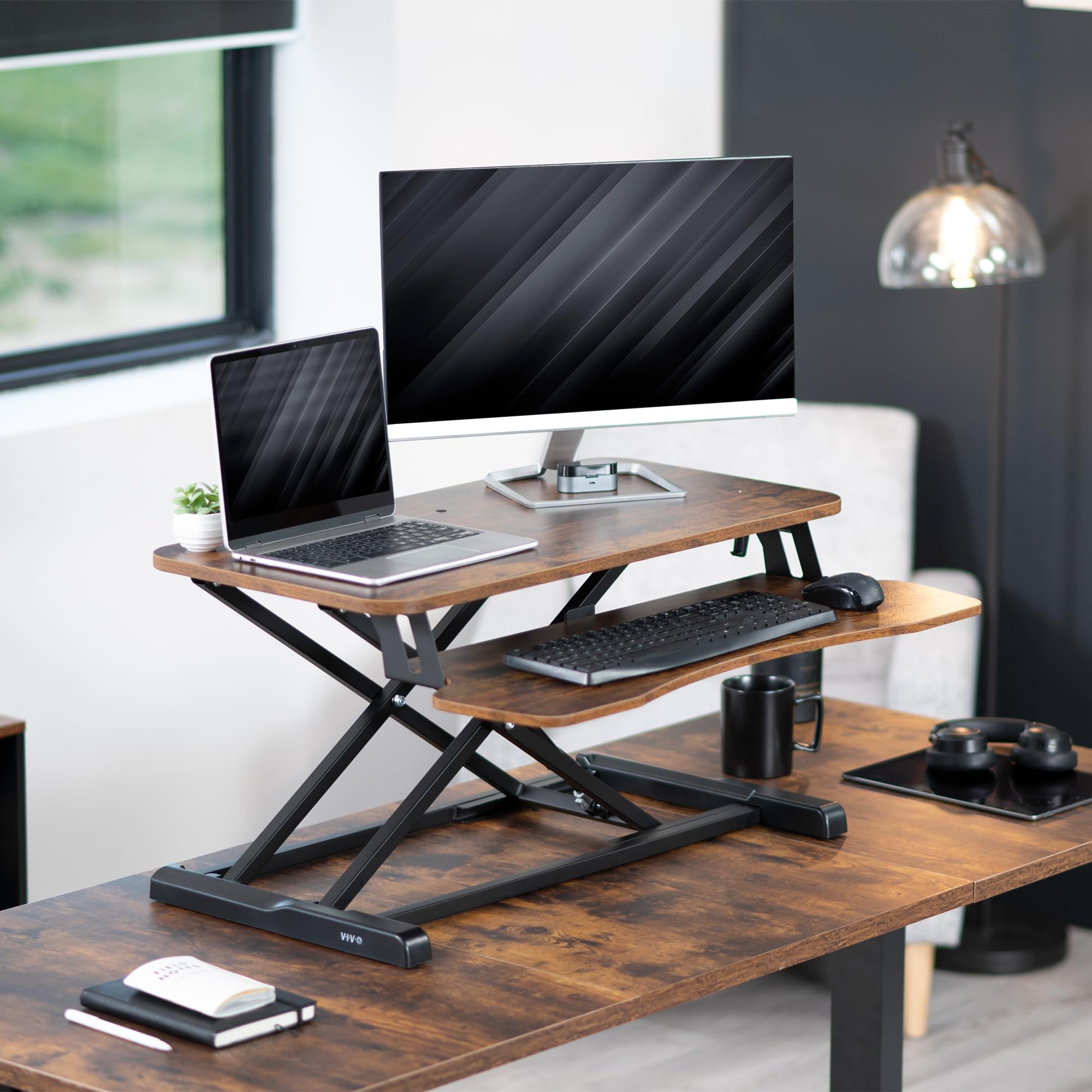 32 inch Desk Converter, K Series, Height Adjustable Sit to Stand Riser, Dual Monitor and Laptop Workstation with Wide Keyboard Tray, Vintage Brown Top, Black Frame, DESK-V000KN