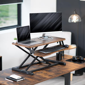 32 inch Desk Converter, K Series, Height Adjustable Sit to Stand Riser, Dual Monitor and Laptop Workstation with Wide Keyboard Tray, Vintage Brown Top, Black Frame, DESK-V000KN