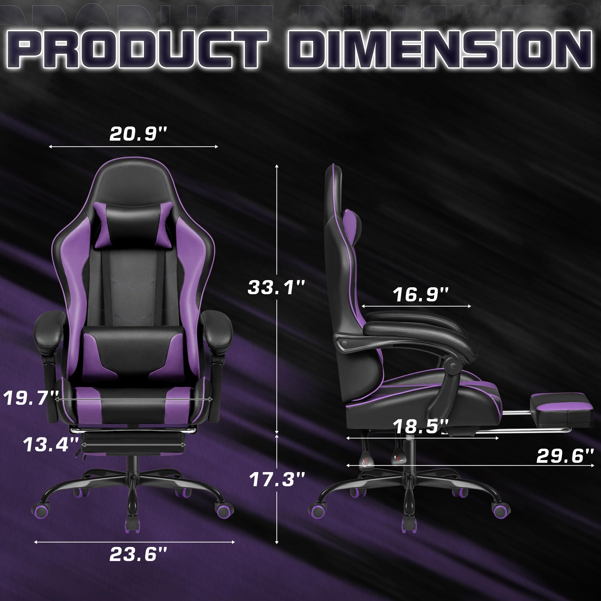 Gaming Chair, Video Game Chair with Footrest and Massage Lumbar Support, Ergonomic Computer Chair Height Adjustable with Swivel Seat and Headrest (Purple)