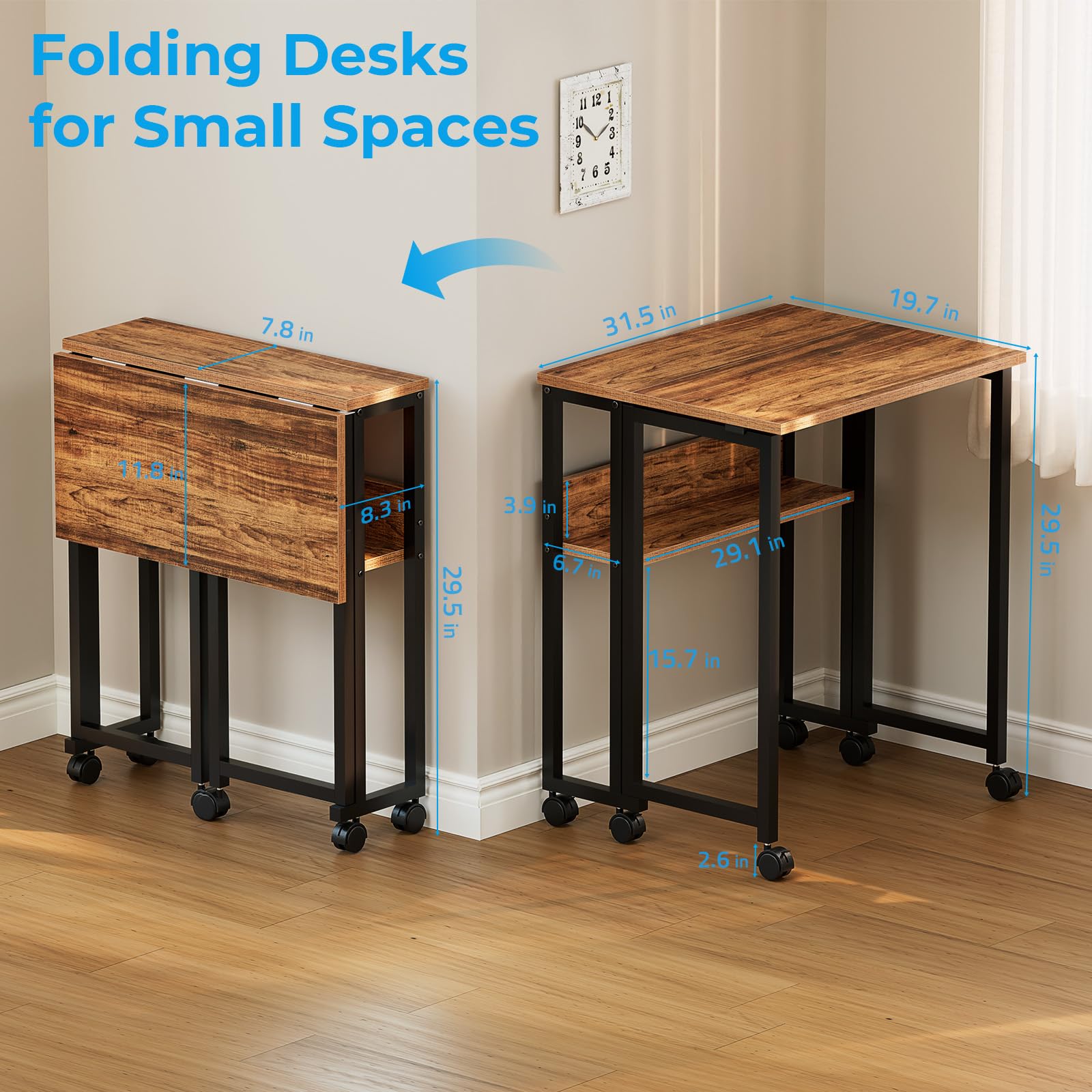 Folding Desk with Wheels, 31.5 Inch Compact Rolling Computer Table with Storage Shelf, Portable Mobile Workstation for Small Spaces, Easy Assembly, Walnut
