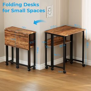Folding Desk with Wheels, 31.5 Inch Compact Rolling Computer Table with Storage Shelf, Portable Mobile Workstation for Small Spaces, Easy Assembly, Walnut