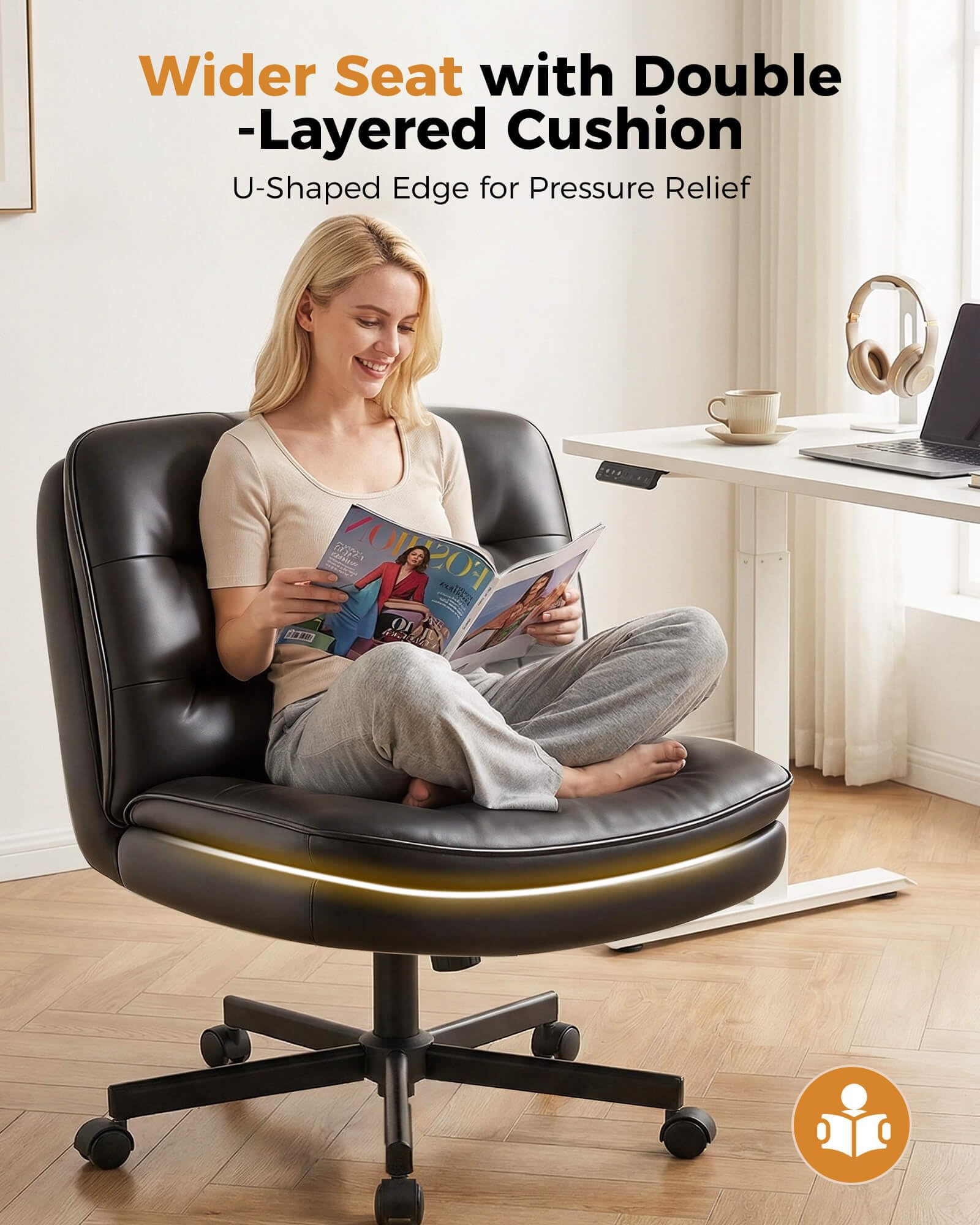 Cross Legged Office Chair with Wheels Armless Office Desk Chair, Modern Vanity Computer Task Chairs for Home Bedroom, Comfortable Wide Seat for Lower Back Pain Relief, PU Leahter, Black