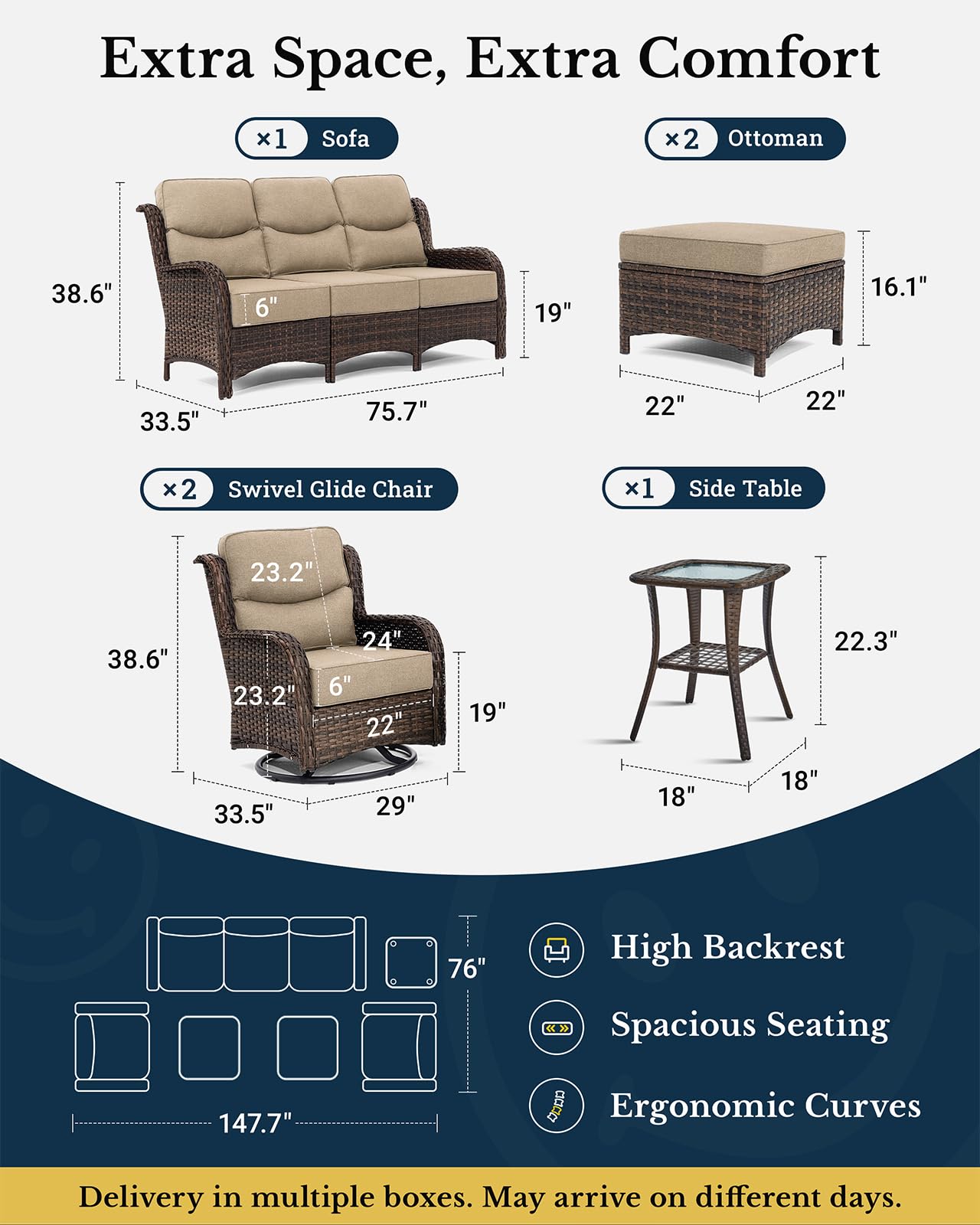 Luxury Patio Furniture Set with 6-inch Thick Cushion, Outdoor Couch and High Back Swivel Rocker Patio Chairs, 6PCS Wicker Conversation Set for Deck Yard and Poolside, Beige (V2)