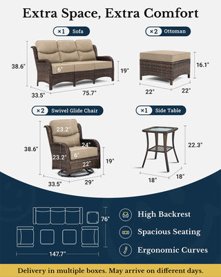 Luxury Patio Furniture Set with 6-inch Thick Cushion, Outdoor Couch and High Back Swivel Rocker Patio Chairs, 6PCS Wicker Conversation Set for Deck Yard and Poolside, Beige (V2)