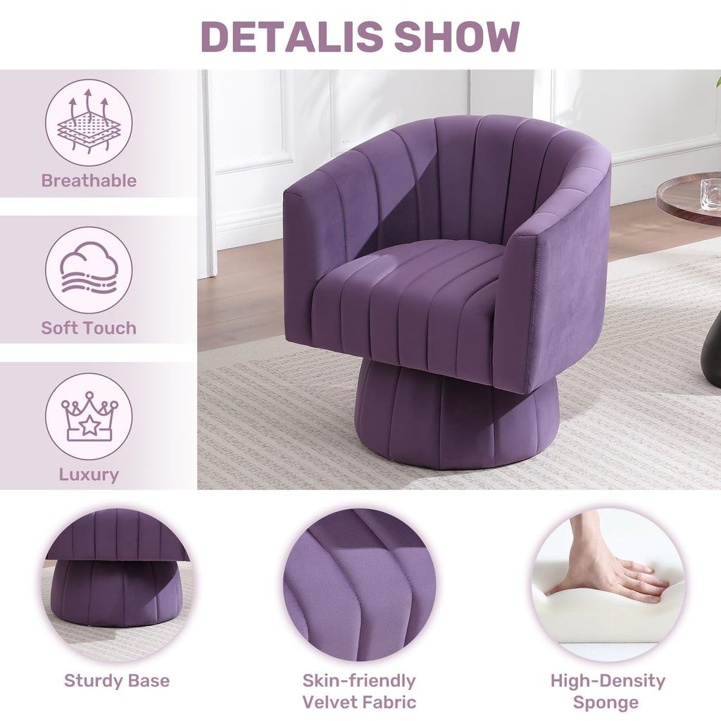 Swivel Accent Barrel Chair Set of 2, Cute Comfy Small Round 360° Arm Chair, Velvet Sofa Club Reading Chair for Living Room Bedroom Office Purple